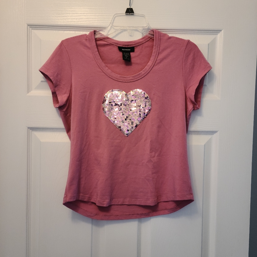 Express pink sequin heart short sleeve tee L